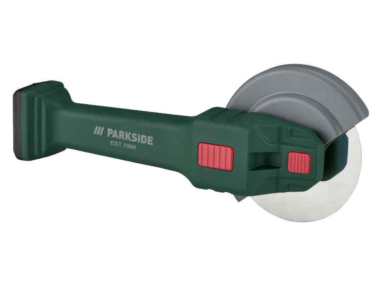 Smerigliatrice angolare a batteria con disco da taglio e protezione.