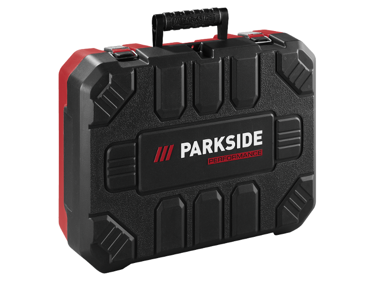 Valigetta portautensili nera con accenti rossi e maniglia.