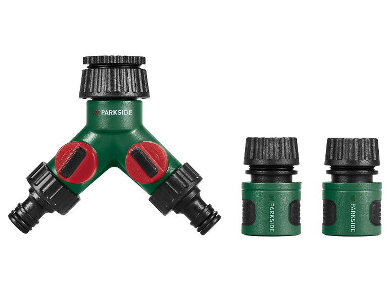 Divisore a Y verde per tubo con valvole rosse e due connettori per tubo verdi.