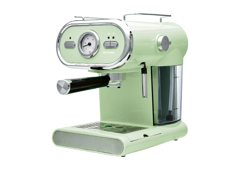 Macchina da caffè espresso verde chiaro con indicatore di temperatura e pulsanti su sfondo nero.