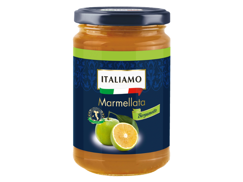 Marmellata di bergamotto in un vasetto di vetro con etichetta blu e verde.