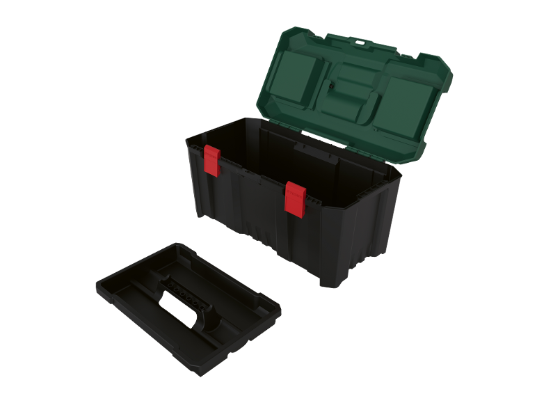 Cassetta degli attrezzi nera aperta con coperchio verde e chiusure rosse, con vassoio separato.