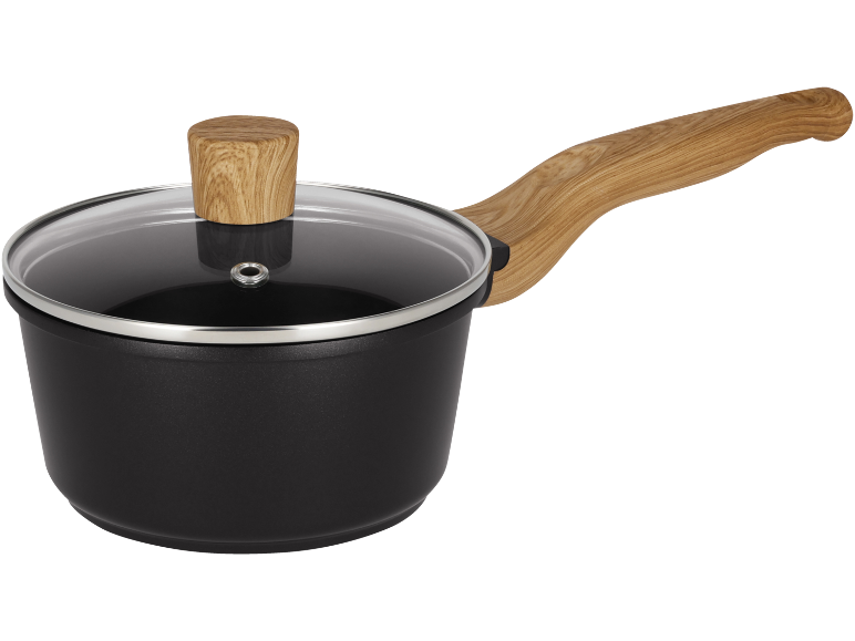 Pentolino nero con coperchio in vetro e manico in legno