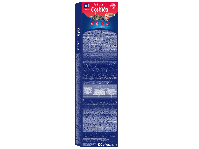 Scatola da 16 confezioni di paté di manzo per gatti, con nutrizione completa ed equilibrata.