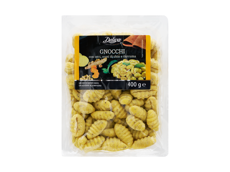 Confezione di gnocchi con ceci, semi di chia e curcuma, 400g.