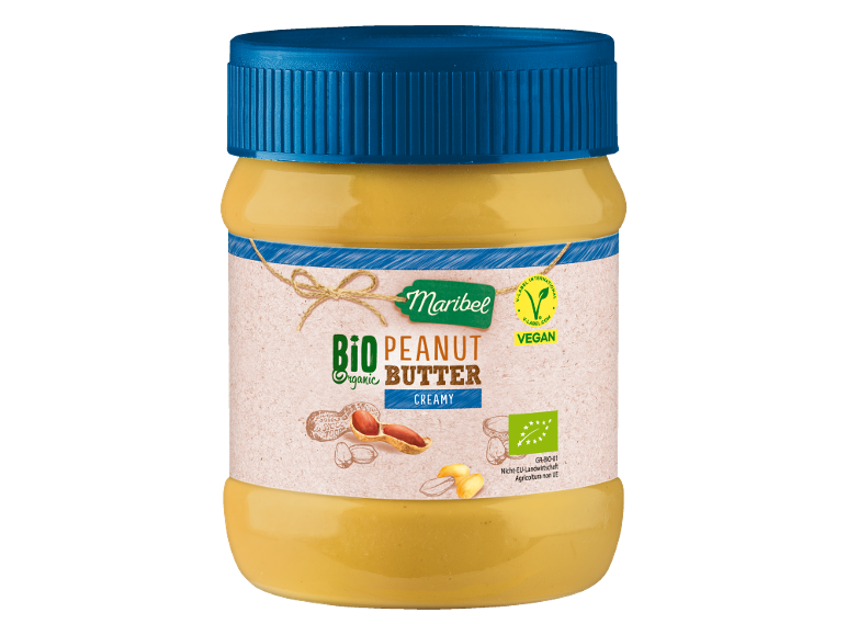 Burro di arachidi biologico cremoso, con etichette V-Label e EU Organic.