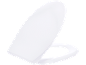 Copriwater bianco con sedile, leggermente aperto su sfondo nero.