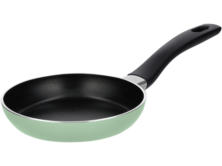 Padella verde chiaro con rivestimento antiaderente nero e manico nero.