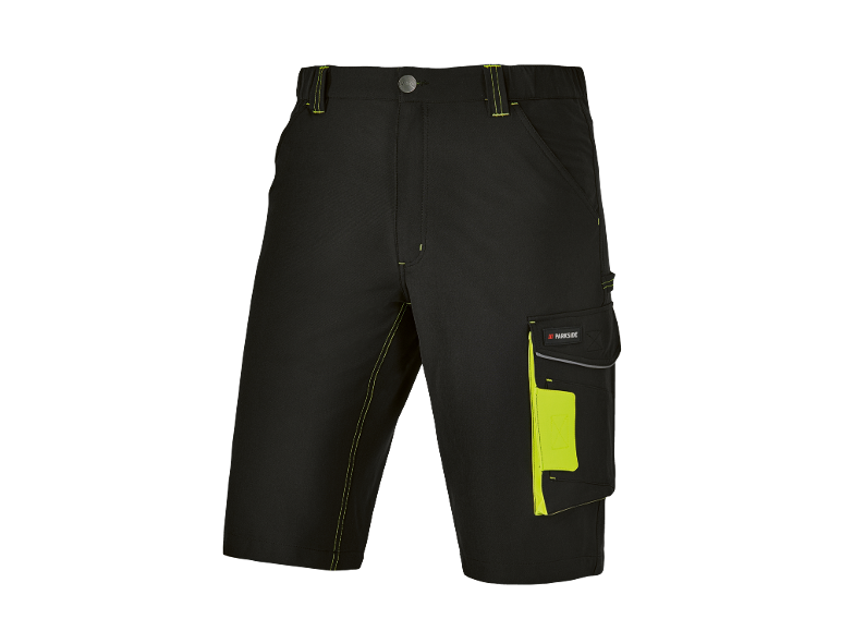 Pantaloncini da lavoro neri con cuciture e tasche giallo neon.