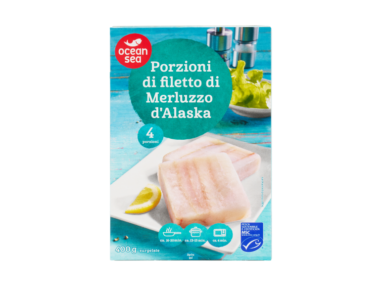 Confezione di porzioni di filetto di merluzzo d'Alaska surgelato, 400g, con 4 porzioni e istruzioni.