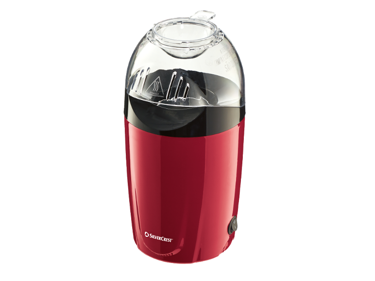 Macchina per popcorn elettrica rossa con coperchio trasparente e dettagli neri.