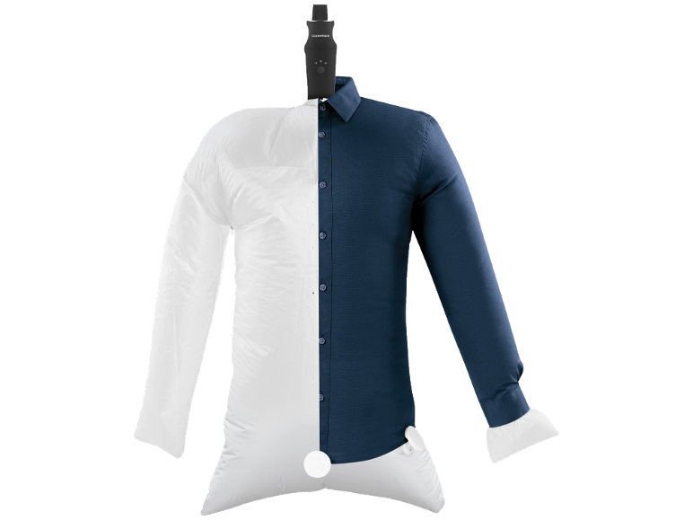 Stiratrice automatica per camicie con una camicia blu sulla metà destra e una camicia bianca gonfiata sulla sinistra.