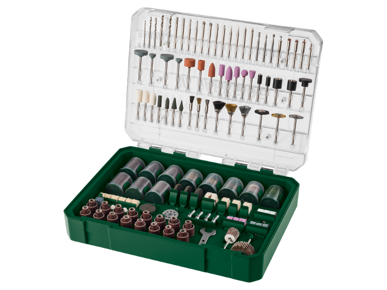 Set di 276 accessori per utensili rotanti in una custodia verde e trasparente.