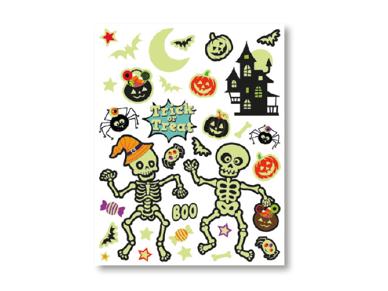 Adesivi di Halloween fluorescenti LIVARNO con scheletri e zucche.