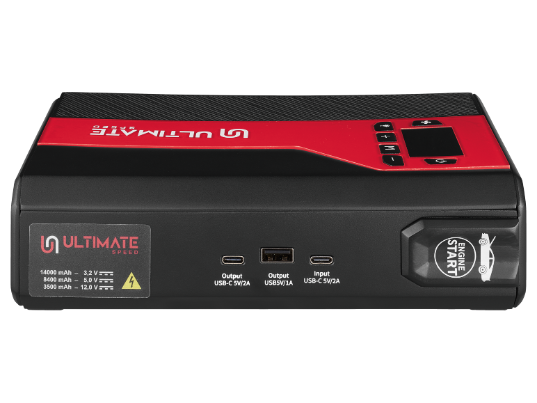 Avviatore portatile e power bank con uscite USB-C e USB-A e pulsante di avviamento motore.