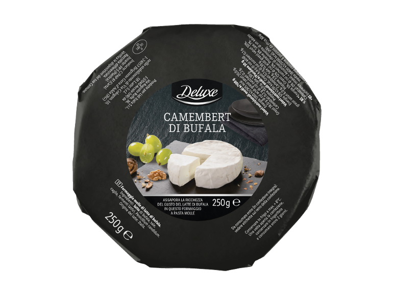 Camembert di bufala da 250g con informazioni nutrizionali e di imballaggio.