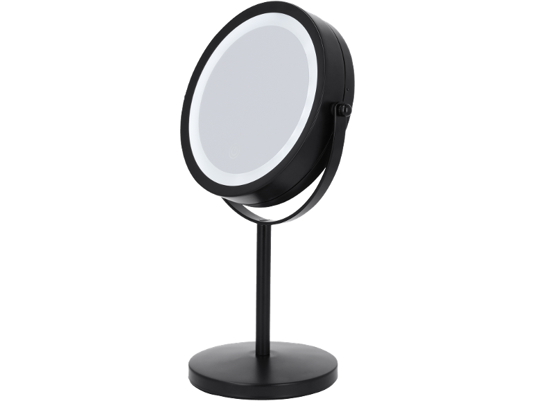 Specchio cosmetico rotondo nero con illuminazione a LED e base di supporto