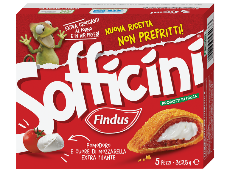 Confezione di sofficini croccanti al pomodoro e mozzarella, non prefritti, con un camaleonte.