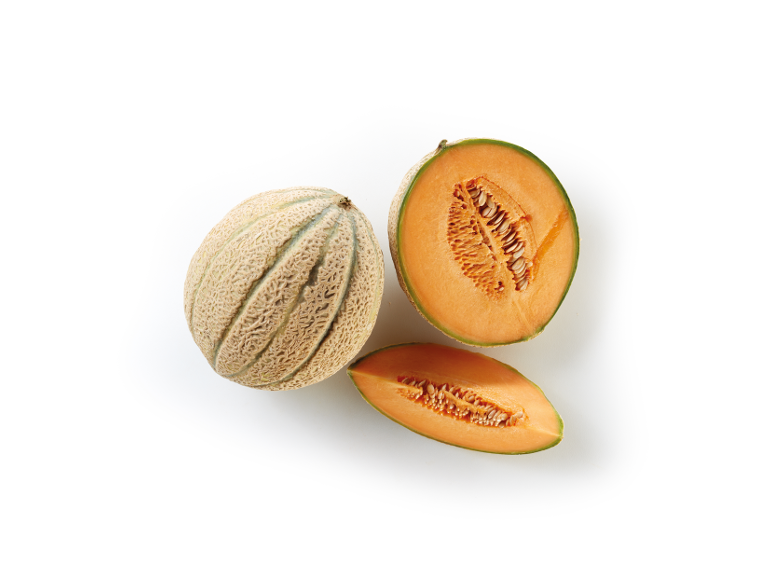 Melone fresco, intero e a fette, con polpa arancione e semi.