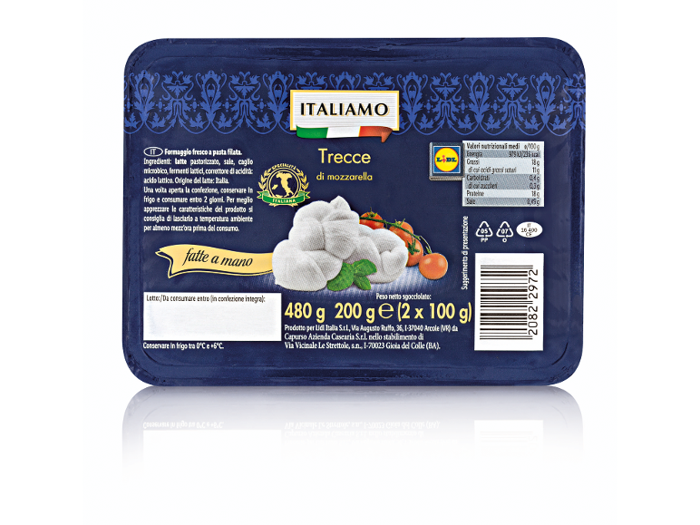 Confezione di trecce di mozzarella con informazioni nutrizionali e ingredienti.