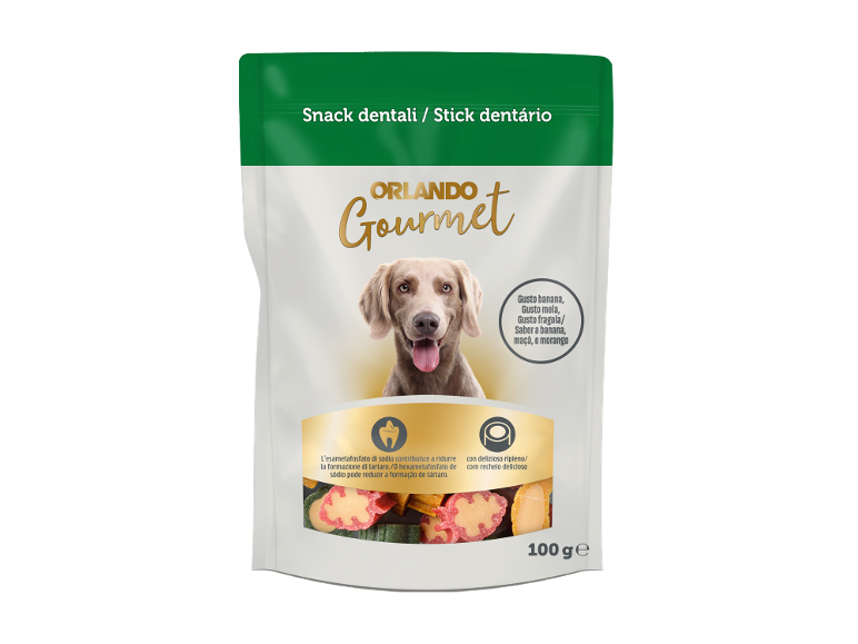 Snack dentali per cani al gusto banana, mela e fragola, con delizioso ripieno, 100 g.