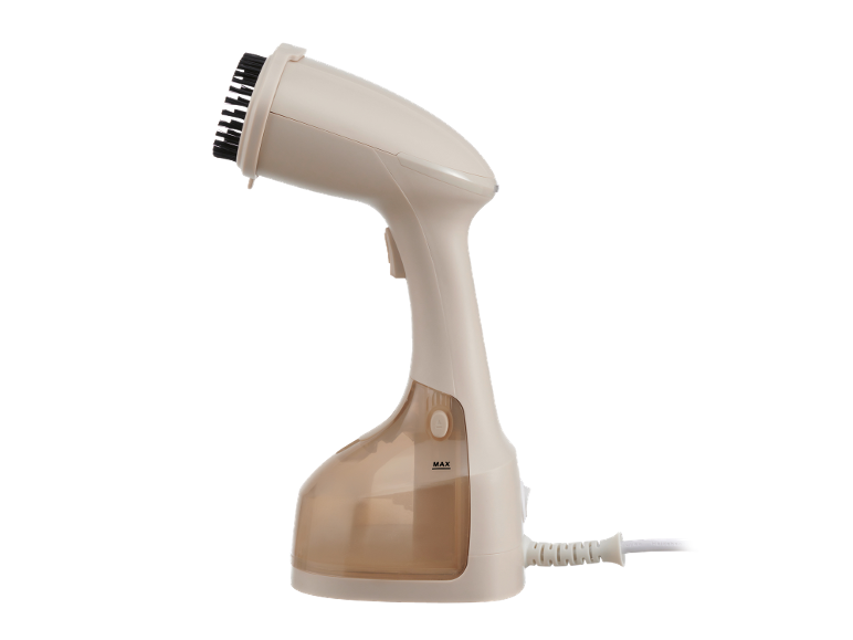 Vaporizzatore portatile beige con spazzola staccabile e serbatoio dell'acqua trasparente con indicazione MAX.