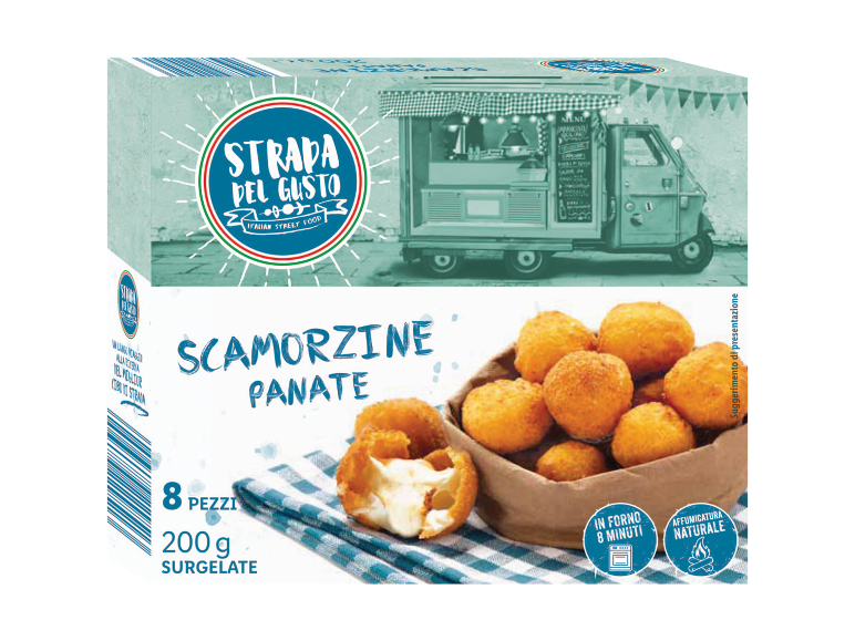 Scamorzine panate (8 pezzi, 200g) con food truck e istruzioni di cottura.