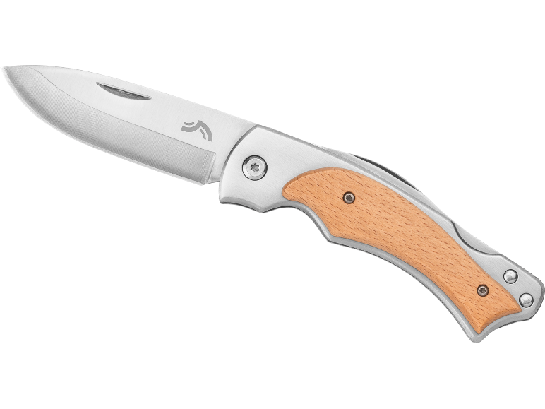 Coltello pieghevole con manico in legno e lama in metallo.