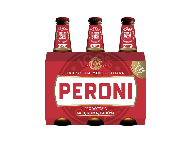 Confezione da sei bottiglie di birra con etichette rosse e testo bianco.