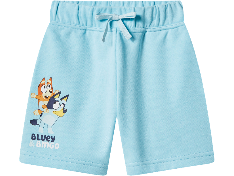 Pantaloncini celesti per bambini con stampa di Bluey e Bingo e coulisse decorativa.