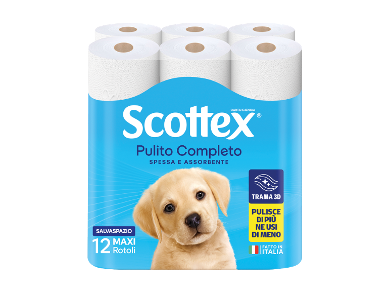 Confezione da 12 rotoli maxi di carta igienica, con un cucciolo di labrador e testo che indica pulizia completa.