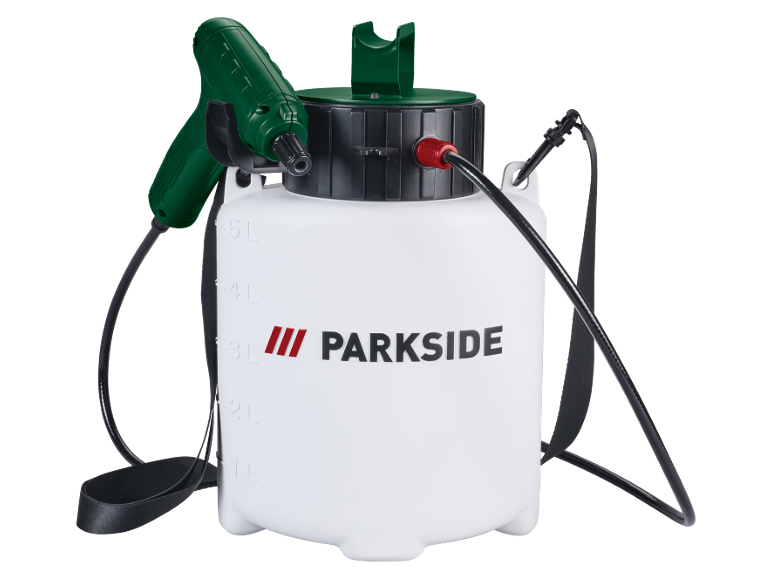 Spruzzatore da giardino bianco con manico verde e cinghie nere, mostra le tacche del volume.
