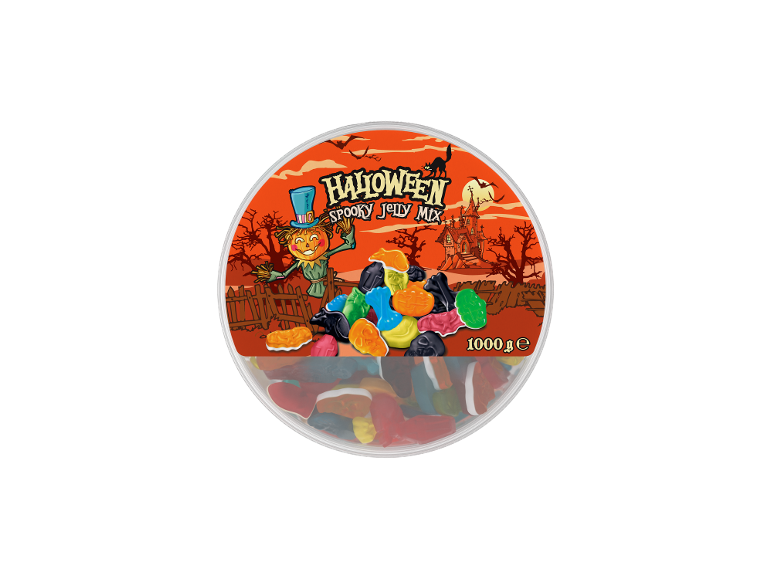 Caramelle gommose di Halloween a tema spaventoso, in contenitore rotondo con coperchio illustrato.