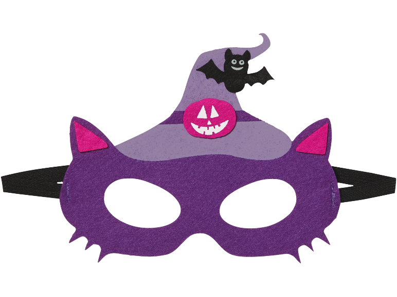 Maschera di Halloween in feltro viola con orecchie da gatto, cappello da strega, zucca e pipistrello.