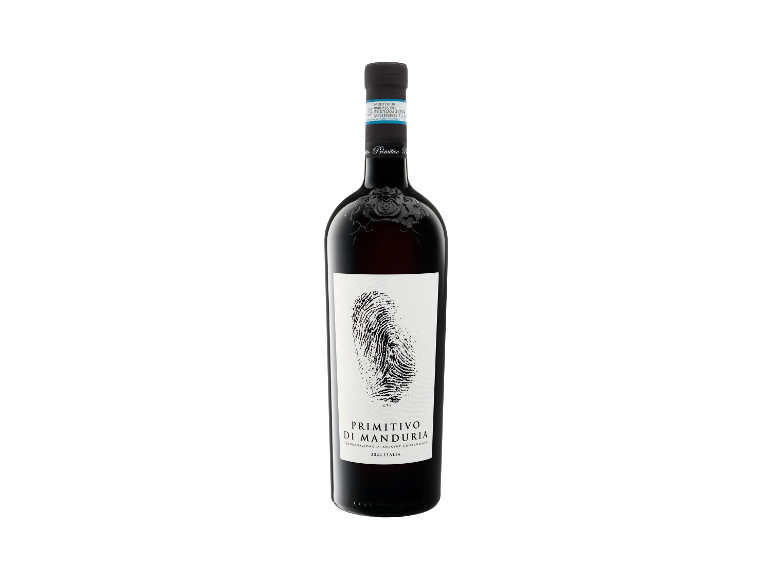 Bottiglia di vino rosso con etichetta a impronta digitale, la scritta 'Primitivo di Manduria' e '2024 Italia'.