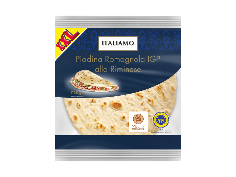 Piadina Romagnola IGP alla Riminese, 720g, con ripieno di prosciutto e insalata.