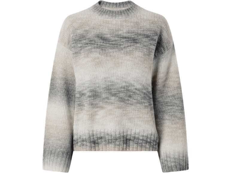 Maglione da donna in maglia a righe sfumate grigie e bianche.