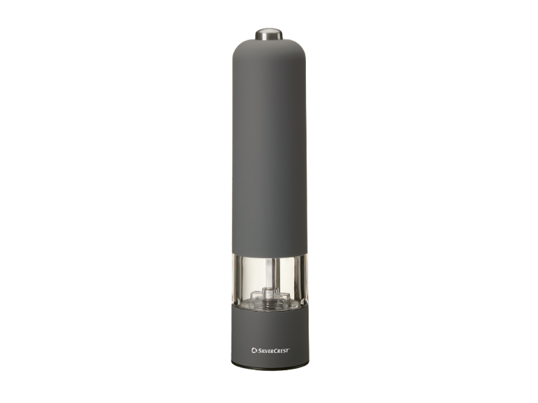 Macina sale o pepe elettrico grigio con base trasparente.