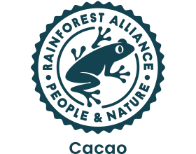 Sigillo Rainforest Alliance con una rana, il testo «People & Nature» e «Cacao».