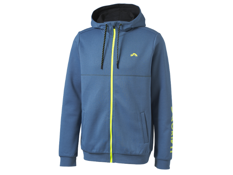 Felpa con cappuccio blu con cerniera e coulisse gialle, logo giallo sul petto.