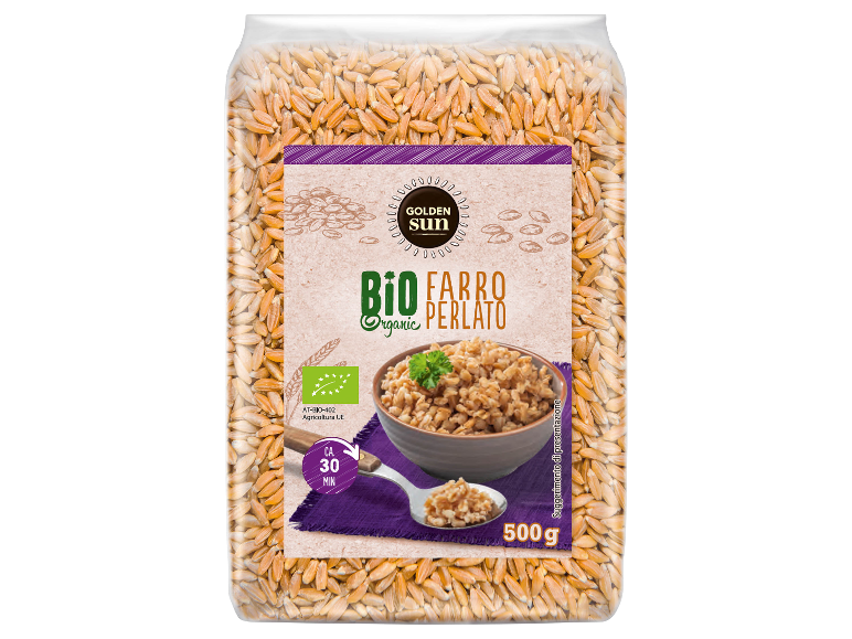 Confezione di farro perlato biologico con indicazioni sul tempo di cottura e il peso.