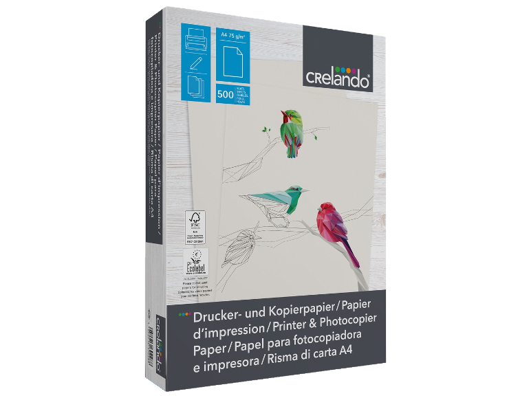 Confezione da 500 fogli di carta A4 da 75 g/m² per stampante e fotocopiatrice, con certificazioni ecologiche.