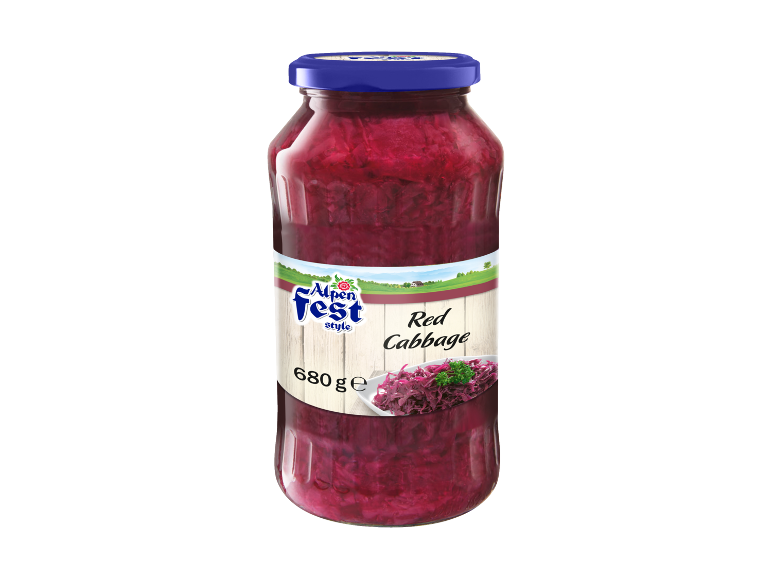 Cavolo rosso in barattolo di vetro con etichetta in legno e paesaggio alpino, 680 g.