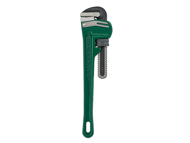 Chiave per tubi verde resistente da 14 pollici con ganasce seghettate e manopola di regolazione.