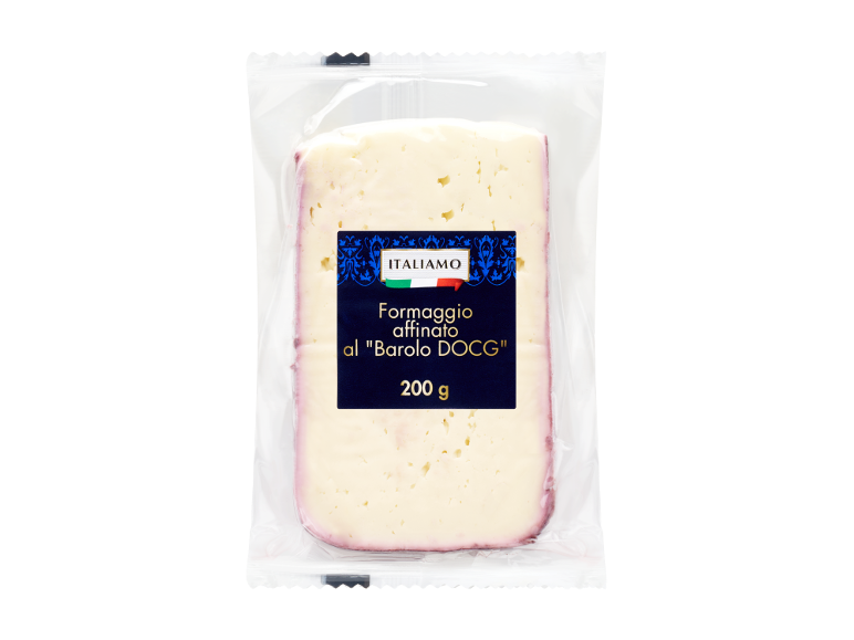 Formaggio affinato al Barolo DOCG in confezione trasparente, 200 g.