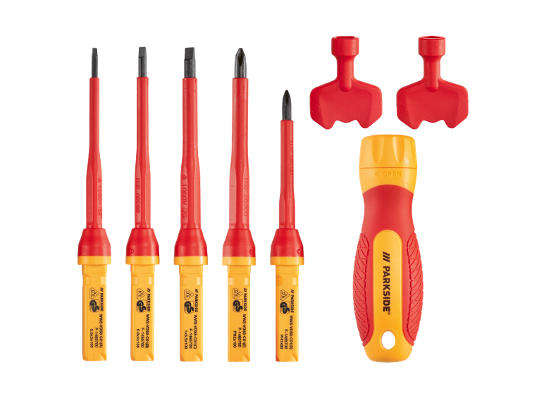 Set di cacciaviti isolati con punte intercambiabili e manico, in rosso e giallo.