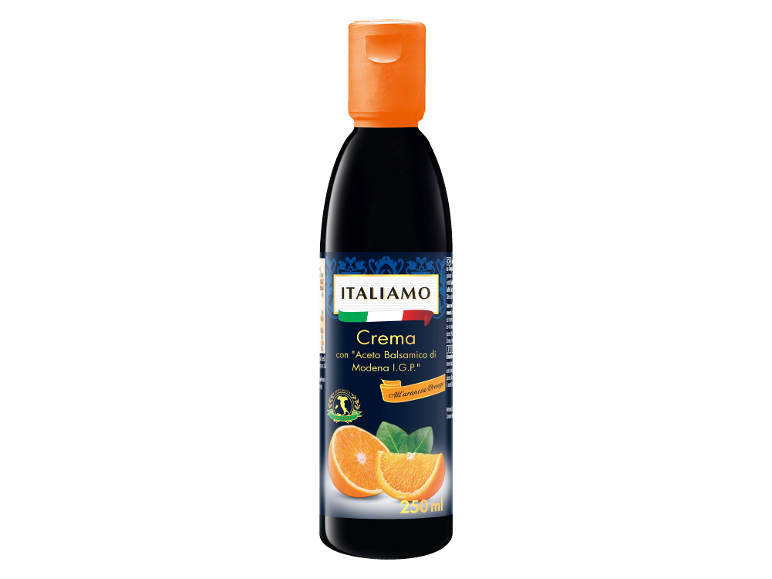 Bottiglia di crema balsamica al gusto di arancia, 250 ml.