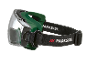 Occhiali di sicurezza con montatura verde e cinturino elastico nero.