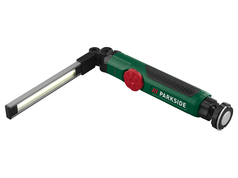 Lampada da lavoro pieghevole con base magnetica e luce regolabile.