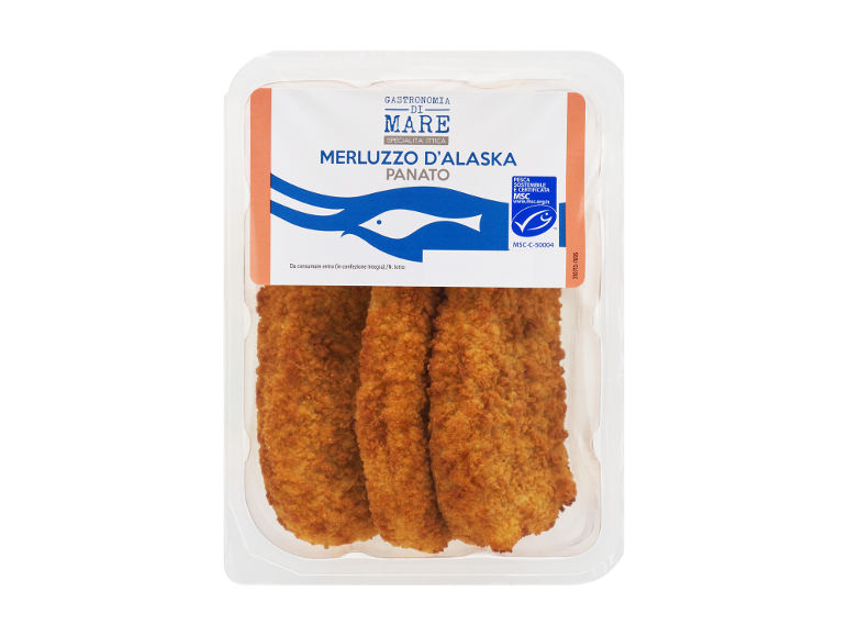 Confezione di filetti di merluzzo d'Alaska impanati con certificato di pesca sostenibile.